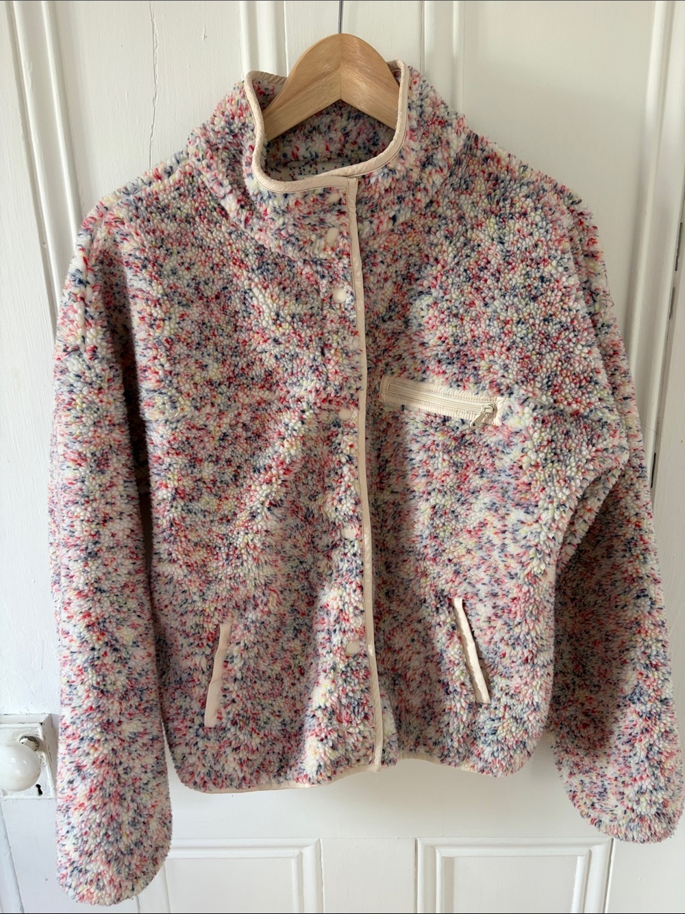aerie Speckled Sherpa Jacket in Cream with Red and Navy Flecks